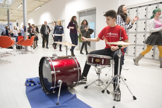 Conga line with musicians from Music Generation led by Cork City ensemble Rebel Brass at the National Musicians' Day 2018