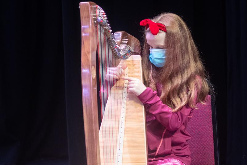 Aishling Noone from Laois is captured at 'Tionól re-imagined' - a blended in-person and online festival for young and professional harp and pipe players hosted by Music Generation in November.