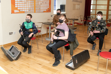 Tom Hudson, James Conroy, Con Little and their tutor Joseph Byrne of Music Generation Laois. (Photo credit: Denis Byrne Photography)