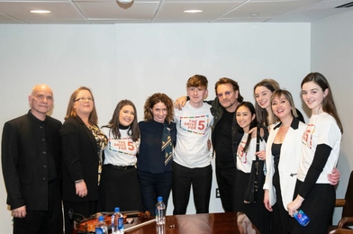 Kerrianne McCardle (Flute); Evelyn McCaul (Harp); Saoirse McGahern (Bodhrán); Iarla McMahon (Uilleann Pipes); and Kim Poole (Fiddle) are joined by U2's Bono in this pic, captured at the launch of The Drive for Five at the UN Headquarters in NYC during February. Photo: Kim Haughton/UN Kerrianne McCardle (Flute); Evelyn McCaul (Harp); Saoirse McGahern (Bodhrán); Iarla McMahon (Uilleann Pipes); and Kim Poole (Fiddle) are joined by U2's Bono in this pic, captured at the launch of The Drive for Five at the UN Headquarters in NYC during February. Photo: Kim Haughton/UN