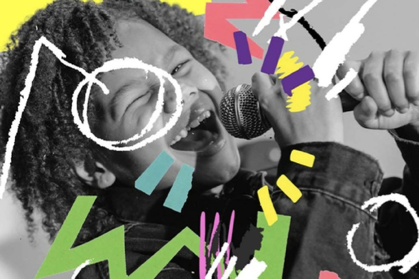 Young musician with microphone surrounding by coloured animations